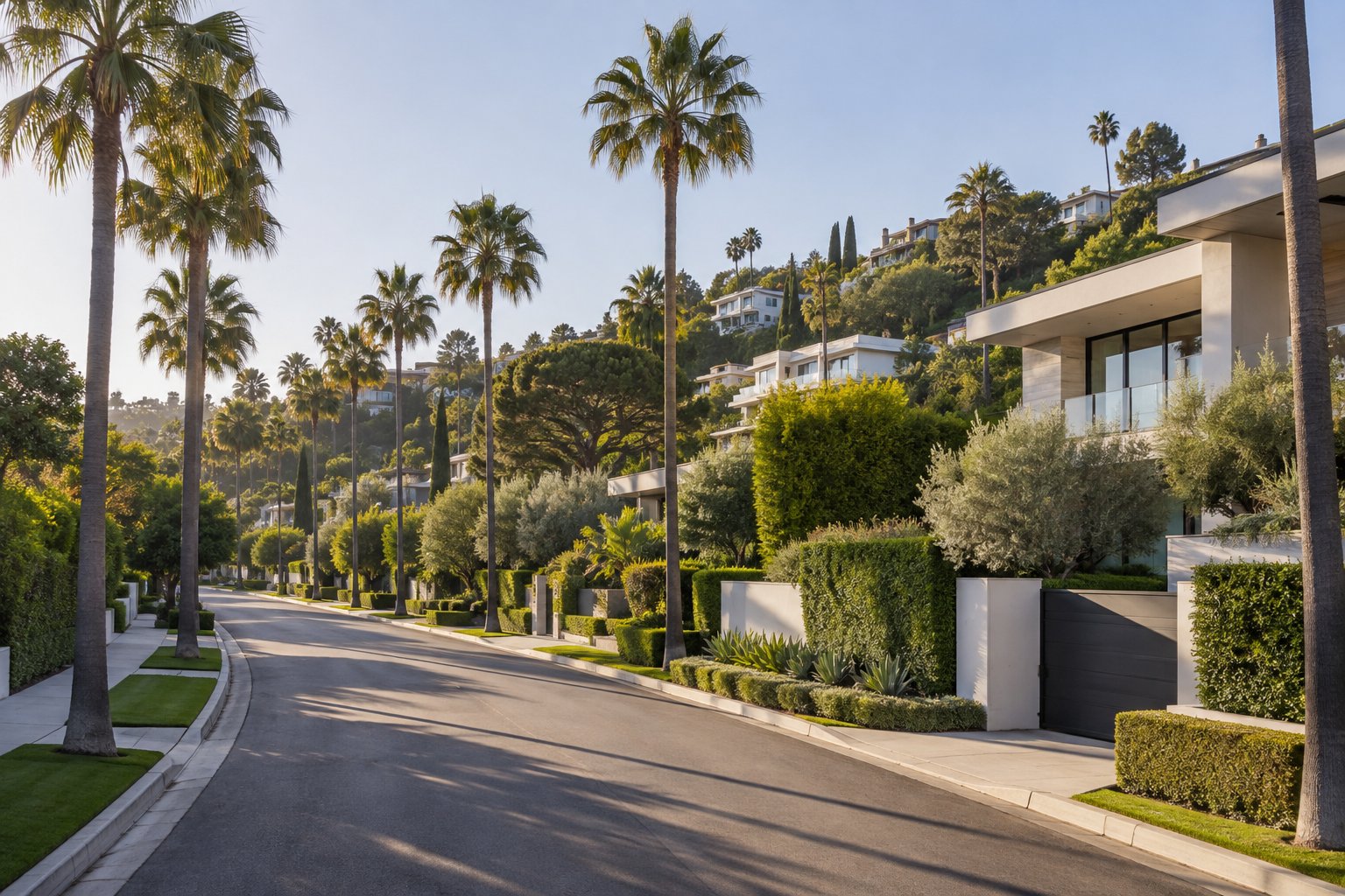 A quiet upscale Beverly Hills residential street, illustrative