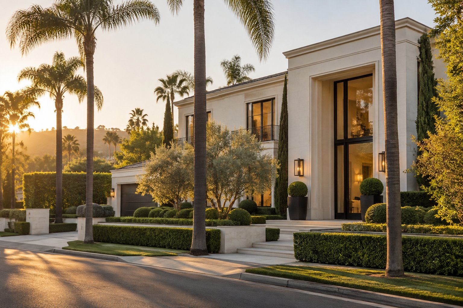A palm lined luxury home exterior at golden hour in Beverly Hills, illustrative