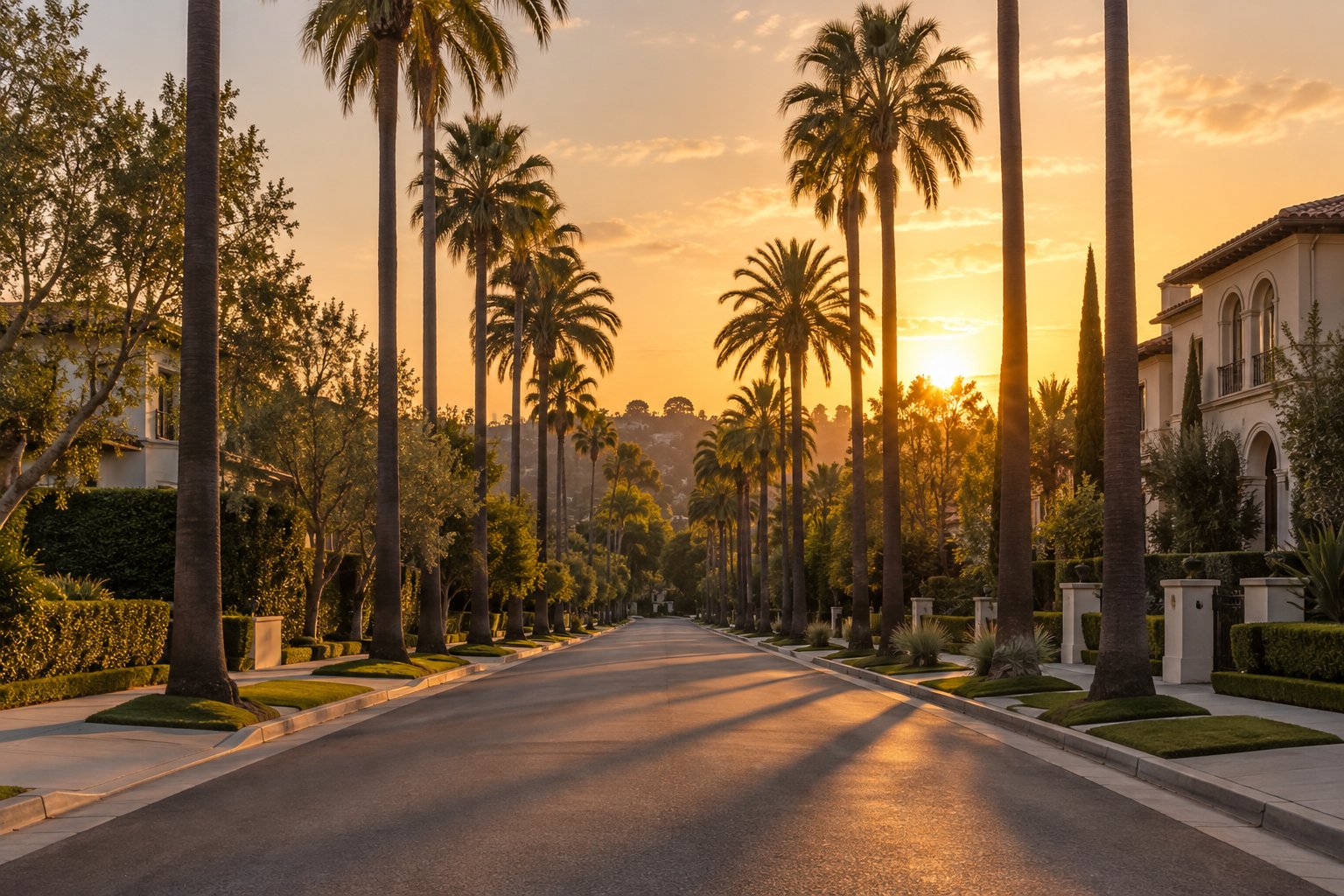 A palm lined upscale residential street at sunset, illustrative