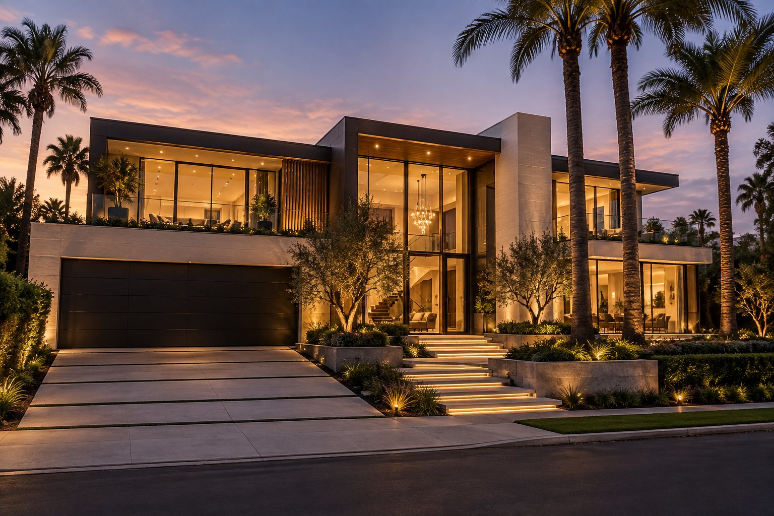 An upscale modern Beverly Hills home exterior at dusk, illustrative