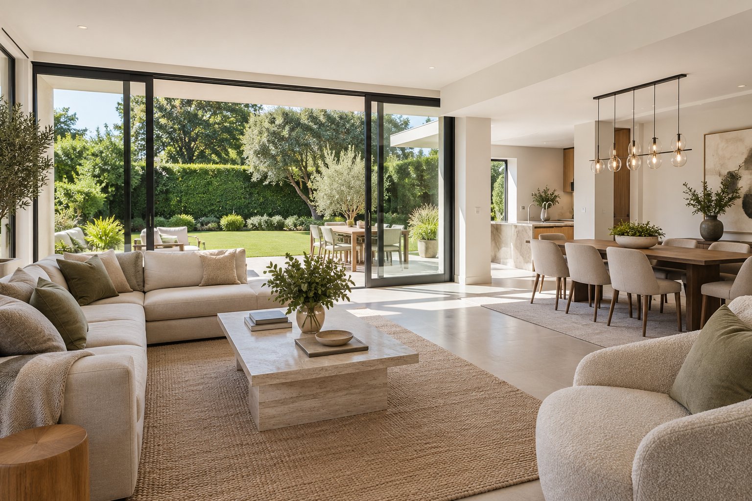 A bright modern luxury living interior, illustrative